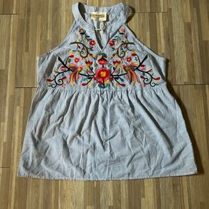 NWT Savanna Jane Striped Embroidered Halter Tank Top Size Large